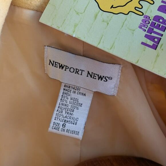 Vintage Yellow Wool Trench Coat Groovy Penny Lane Jacket Faux Fur Coat Medium - Picture 8 of 10